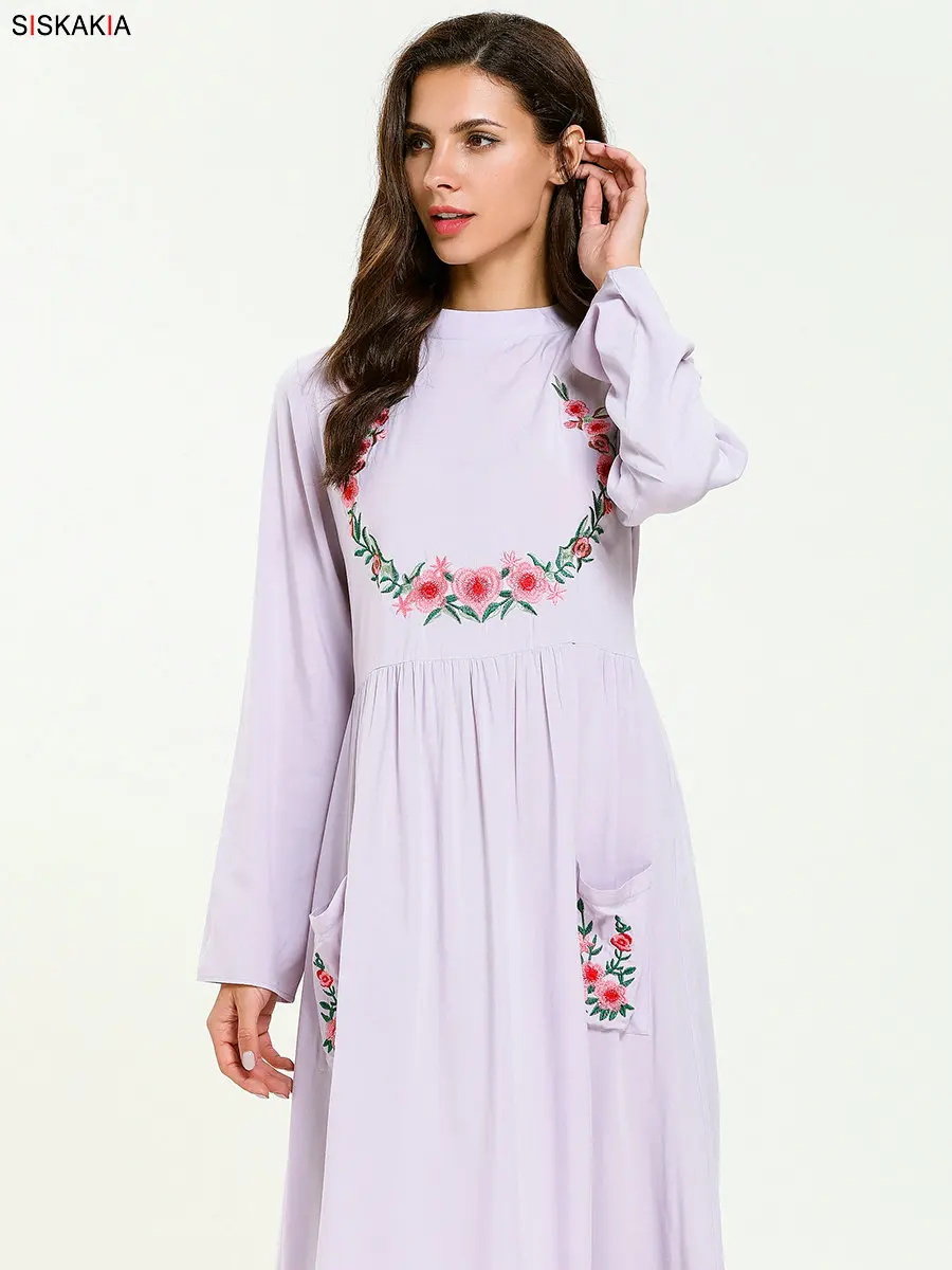 Mother Daughter Dresses Fall Cute Pockets Patch Floral Embroidery Full Sleeve Dress Elegant Family Matching Clothes Muslim