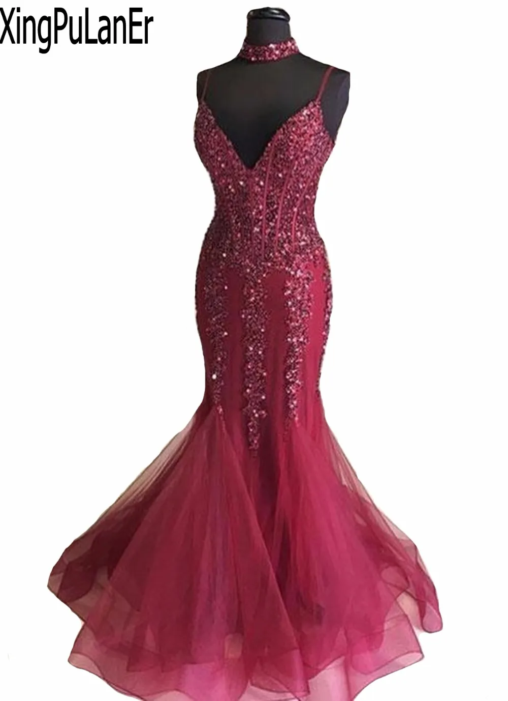 

XingPuLanEr Mermaid Charming Spaghetti Strap V Neck Low Back Lace Appliques Beaded Sequins Luxury Burgundy Long Prom Dresses