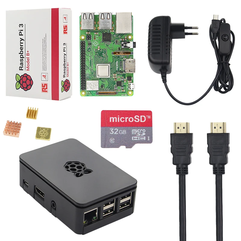 New Original UK Raspberry Pi 3 Model B+ Kit + Case + 16 32G SD Card + 3A Power Adapter + HDMI Cable + Heat Sink RPI 3 B Plus New Original UK Raspberry Pi 3 Model B+ Kit + Case + 16 32G SD Card + 3A Power Adapter + HDMI Cable + Heat Sink RPI 3 B Plus