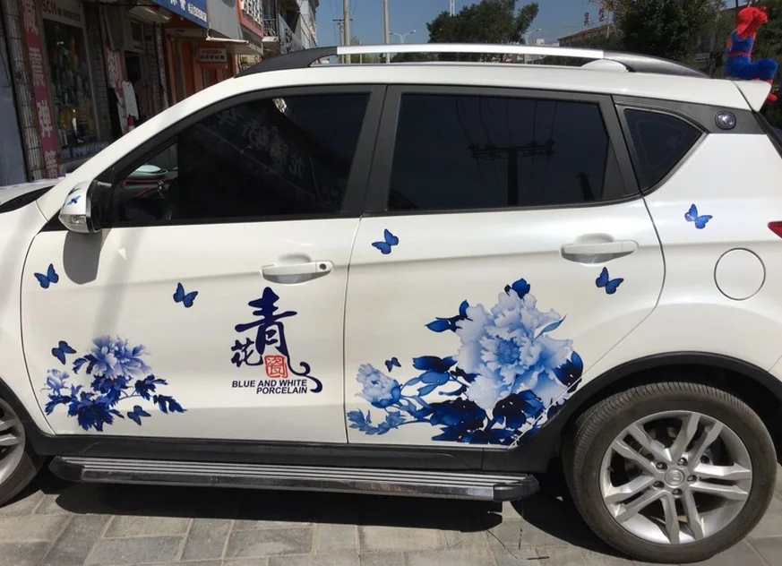 Синие и белые фарфоровые автомобильные наклейки декоративный дизайн автомобиля Высококачественные наклейки водонепроницаемые солнцезащитные наклейки автомобильные аксессуары