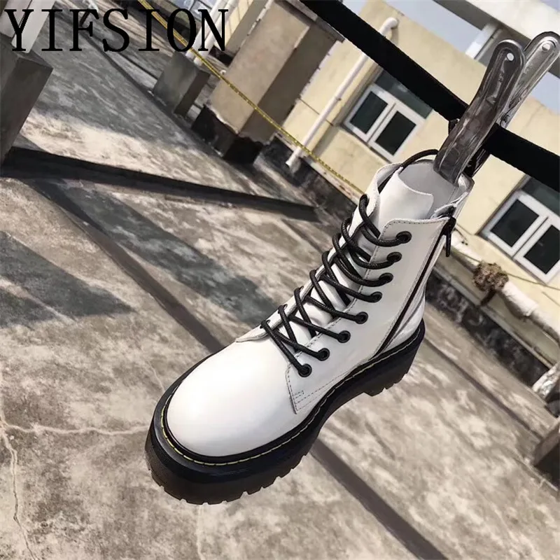 

OLOME New Black White Genuine Leather Women Ankle Boots Round Toe Lace Up Thick Low Heel Women Platform Boots Shoes Woman