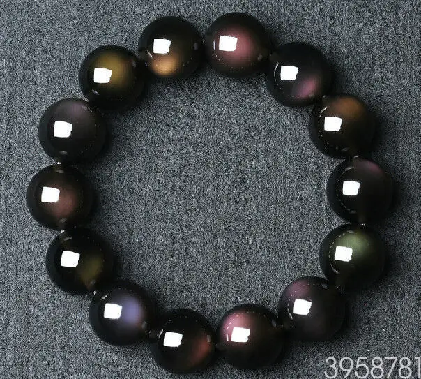 

free shipping Rare Natural colours Black Obsidian Rainbow Beads Stretch Bracele 14mm