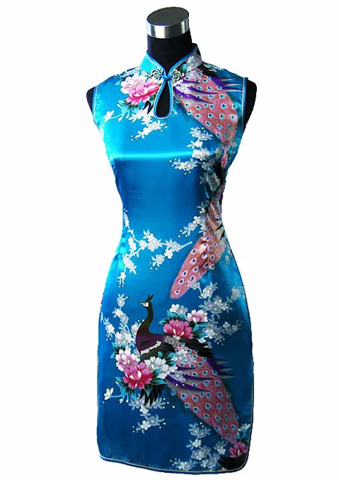 Синие пикантные Винтаж капает Мини Шелковый Qipao Китайский традиционный Для женщин короткие Cheongsam принтом район платье Размеры размеры S M L XL