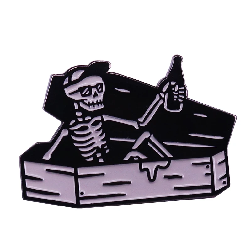 

Skeleton cheers in coffin badge black Gothic art Halloween brooch cool punk decor