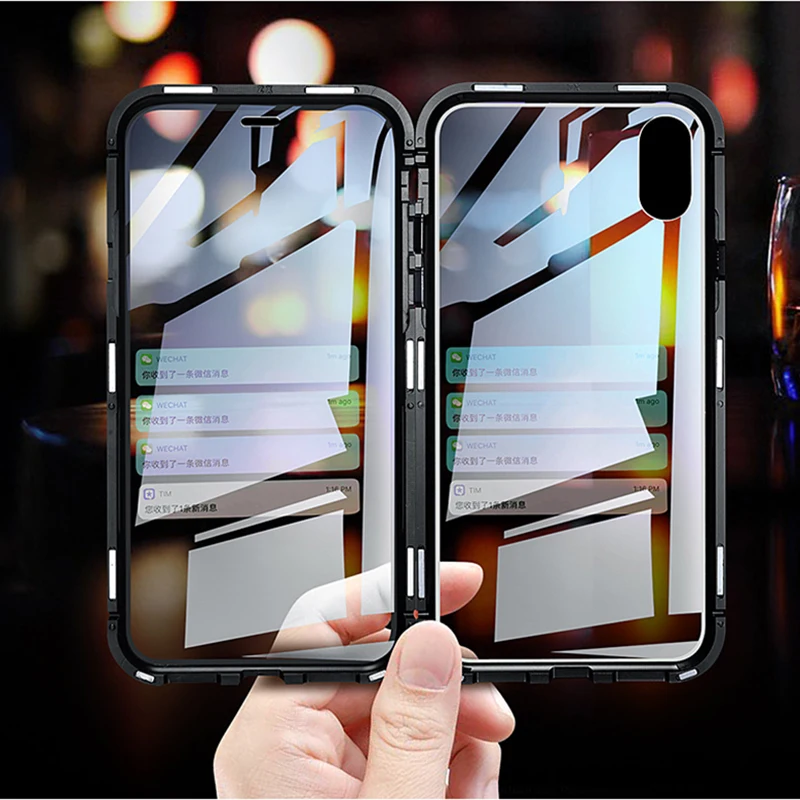 Double sided glass Magnetic case for iphone XS Max X 7 8 Plus Luxury metal 360 degree Full protection cover for iphone 7 8 Xr
