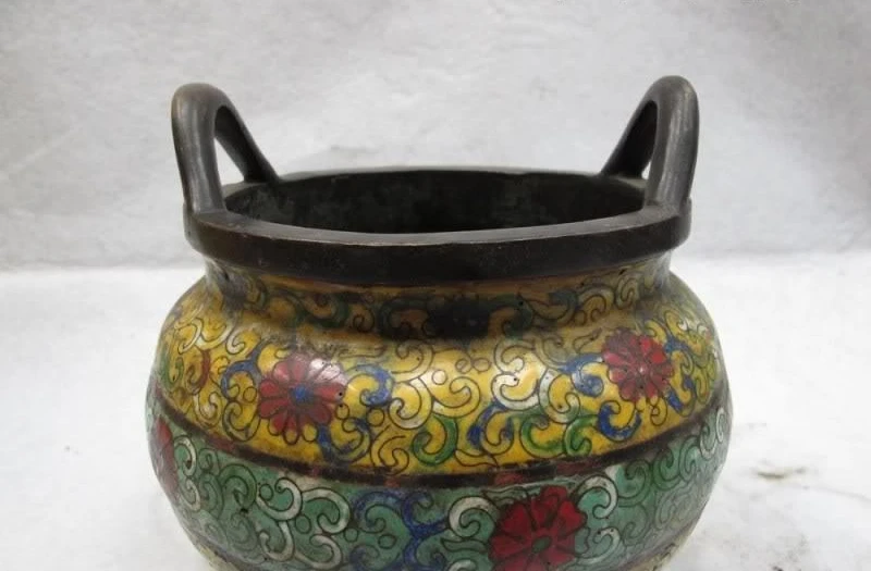 

China Classic Bronze Copper cloisonne Buddhism Tripod Ding incense burner Censer