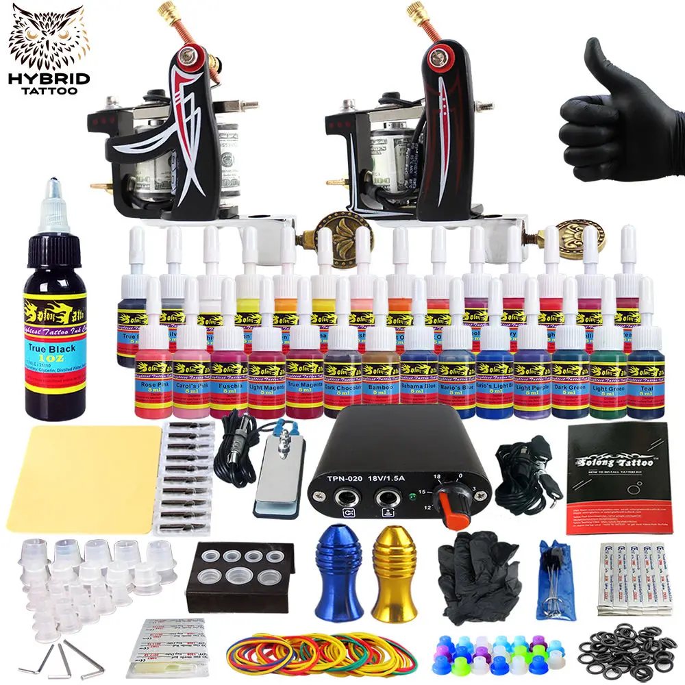 

Hybrid Complete Kit For Tattoo Liner and Shader Beginner Power Supply Foot Pedal Grips Needles Ink Set Tattoo Body&Art TK204-10