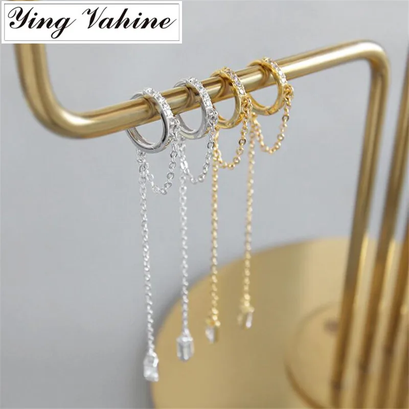 

Authentic 925 Sterling Silver Jewelry Zircon Long Chain Tassel Drop Earrings for Women pendientes mujer moda