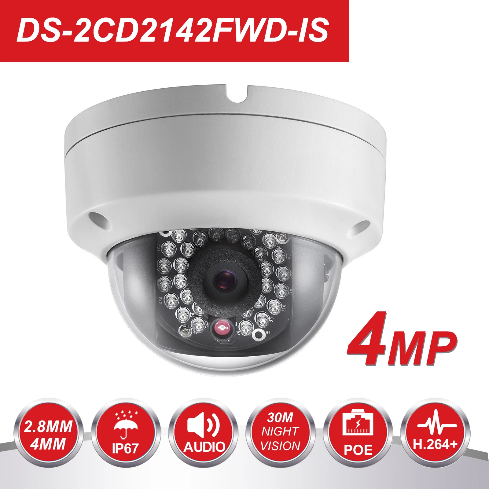 

4MP Dome IP Camera DS-2CD2142FWD-IS 4 Megapixel 4MP WDR IR Dome Camera IR Distance 30m H.264 Waterproof IP66 Security cam