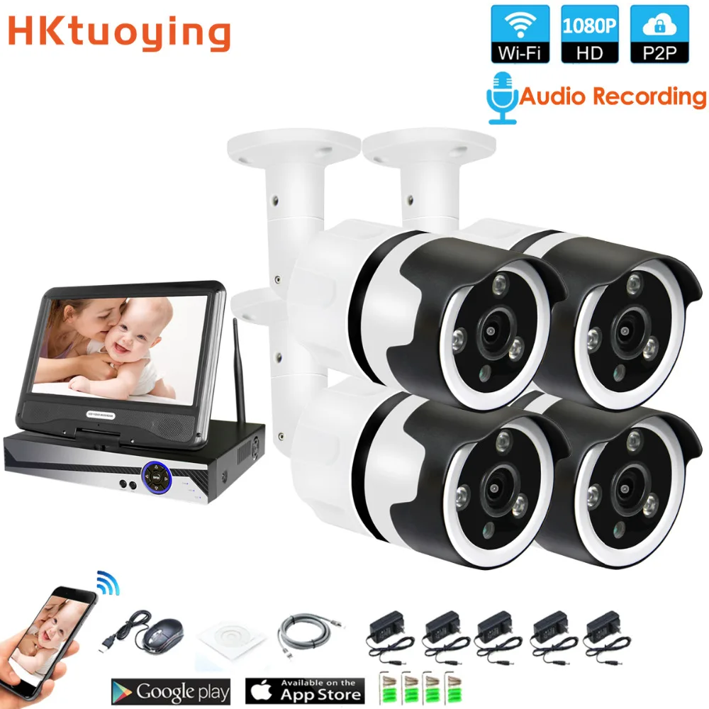 4CH аудио talK HD беспроводной LCDNVR комплект P2P 1080P Крытый Открытый ИК ночного видения