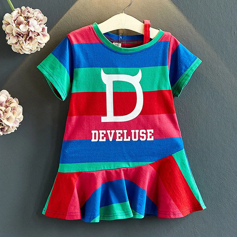 Платья для девочек 2019 новые летние Детская одежда внешней Цвет в полоску с