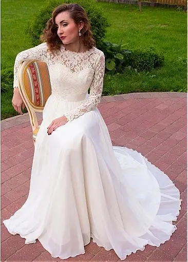 Красивые кружевные свадебные платья с круглым вырезом и длинным рукавом, шифоновые трапециевидные иллюзионные Свадебные платья длиной до пола, Vestidos De Noiva