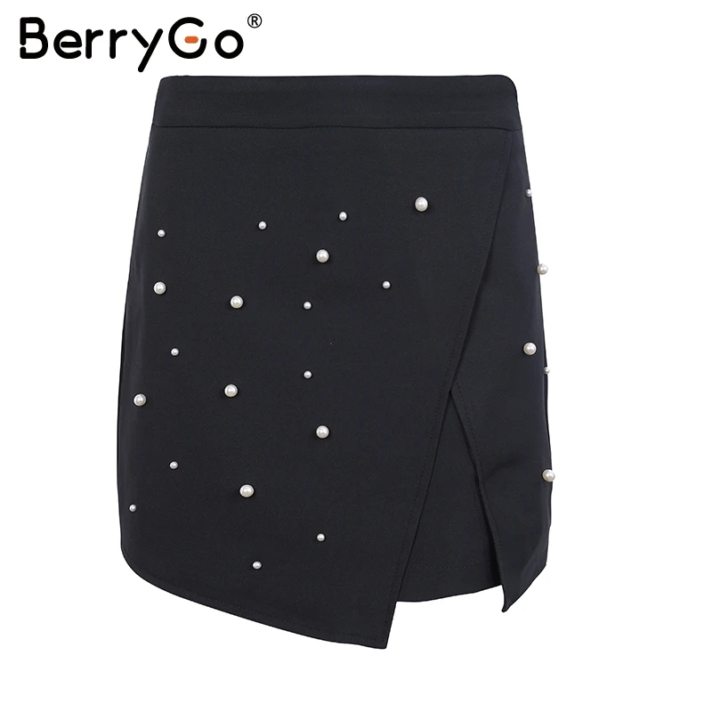 BerryGo Elegant pearl split mini skirt women Beading irregular high waist skirt Christmas party