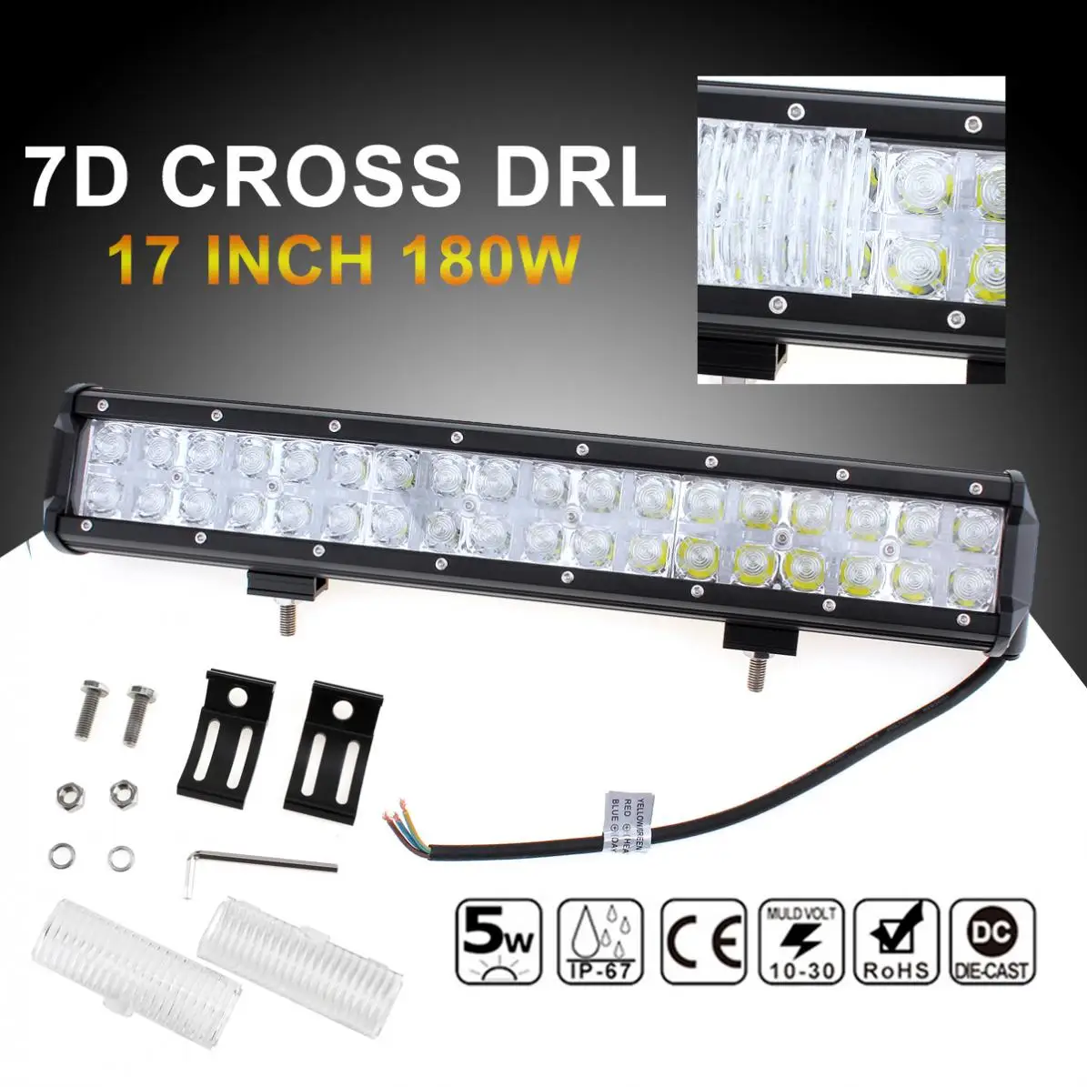 

7D Cross DRL 17 Inch Offroad Light Bar 180W Car LED Pure White Work Light Auto 36 LED Beam Combo Daytime Running Light