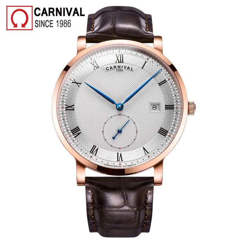

Carnival Automatic Watch Men Reloj Hombre Leather Strap Mechanical Watches Roma Number Clock Waterproof Calendar Wristwatch