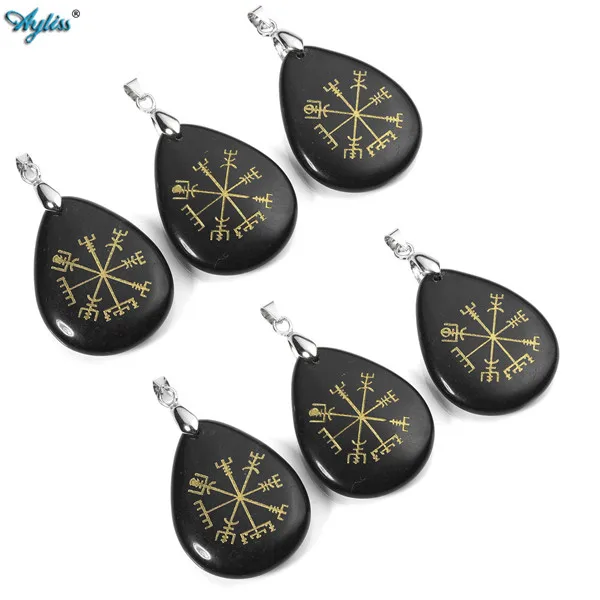Ayliss цена Guidepost Compass Vegvisir кулон из натурального камня ожерелье Выгравированный старый Северная Европа Руна викингов цепи 24" - Окраска металла: 6x Obsidian