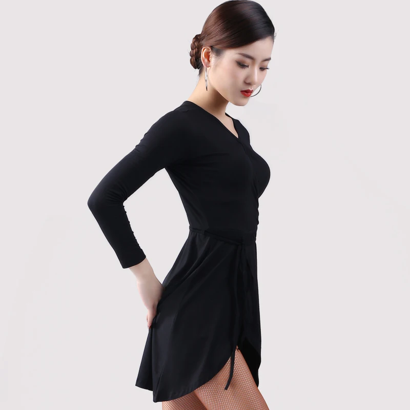 Long sleeve Платье для латинских танцев, женское черное платье для ча-румбы, самбы, сальсы, танго, платья для занятий танцами, женская одежда DNV11644 - Цвет: Long sleeve