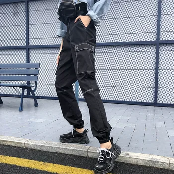 

Pockets Black Cargo Pants Long Harem Pants Women Autumn Casual Loose Panelled Button High Waist Trousers Office Ladies