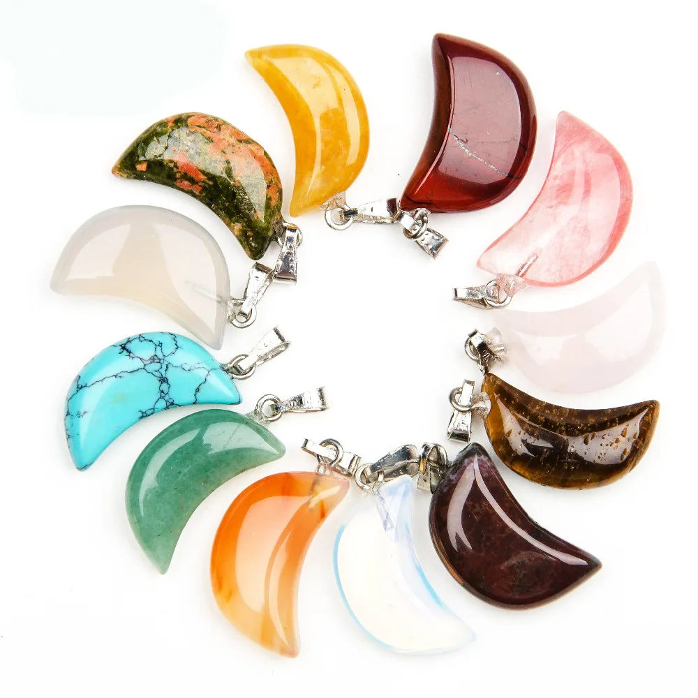 Color Mixed Natural Gem Stone Moon Charms Pendants For Chain Necklaces