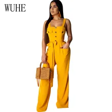 WUHE Women Summer Pocket Spaghetti Strap Jumpsuit Sleeveless Bandage High Waist Pants Trousers Party Bodysuit Elegant Romper fashionable spaghetti strap criss cross pocket design romper for women