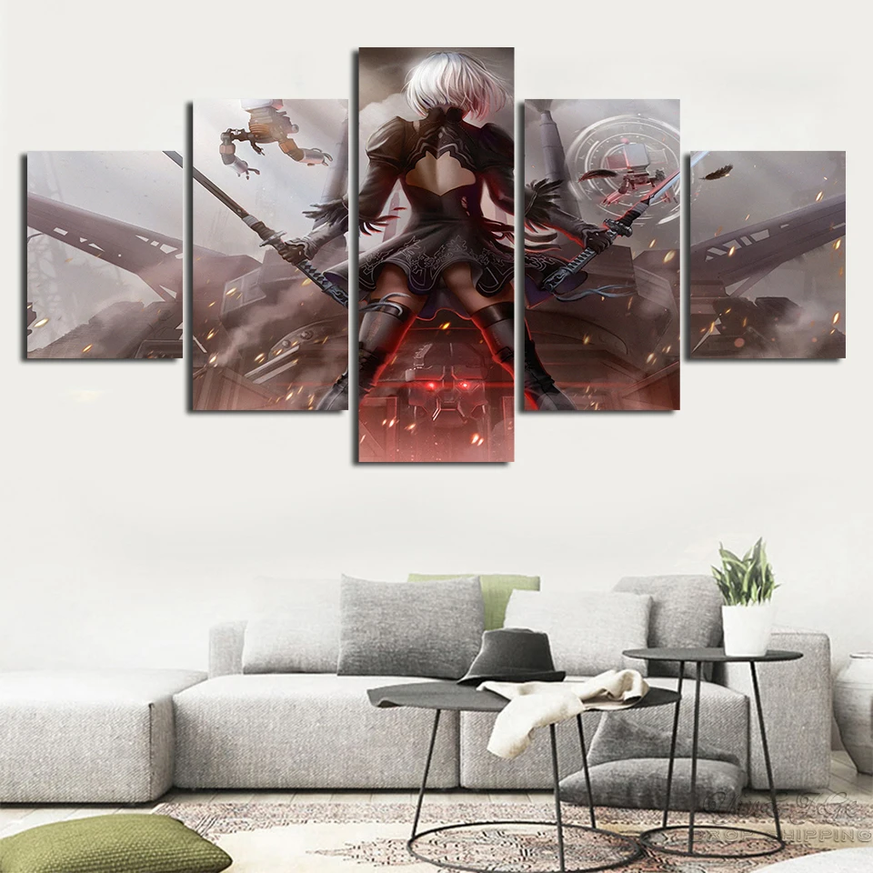 Modern Canvas Printed Framework Decor 5 Pieces NieR:Automata 2B Game Paintings For Living Room Wall Modular Art Abstract Picture | Дом и сад