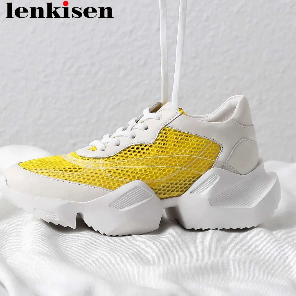 

Lenkisen concise mesh breathable natural leather lace up sneakers round toe streetwear campus plus size vulcanized shoes L65