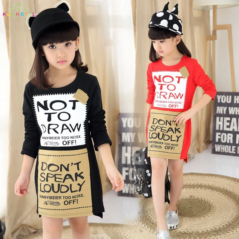 

Girls Casual Long Sleeve Cotton Knee-Length Korean Dresses Spring Autumn Letter Printed O-Neck High Quality Dresses L277
