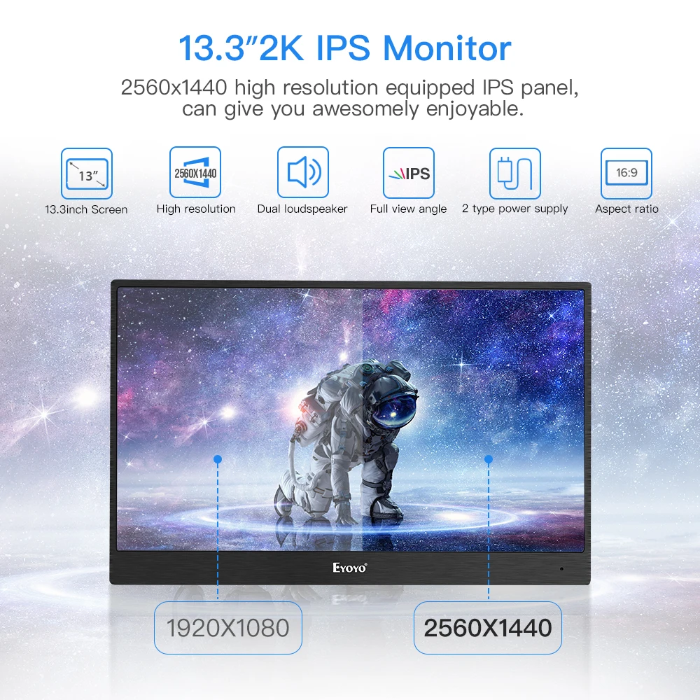 Eyoyo EM13J 13.3" 2540x1440 Portable PC Gaming Monitor IPS Game Monitor with 4K HDMI Input for PS3 PS4 WiiU Switch Raspberry Pi