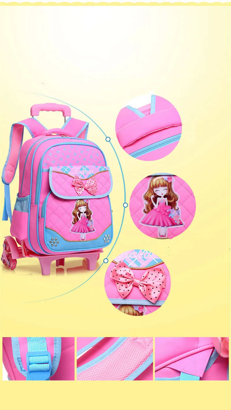 Fashion 2pcs set school backpacks 6 wheels children school bags for girls handbag waterproof cute kids travel trolley bookbag