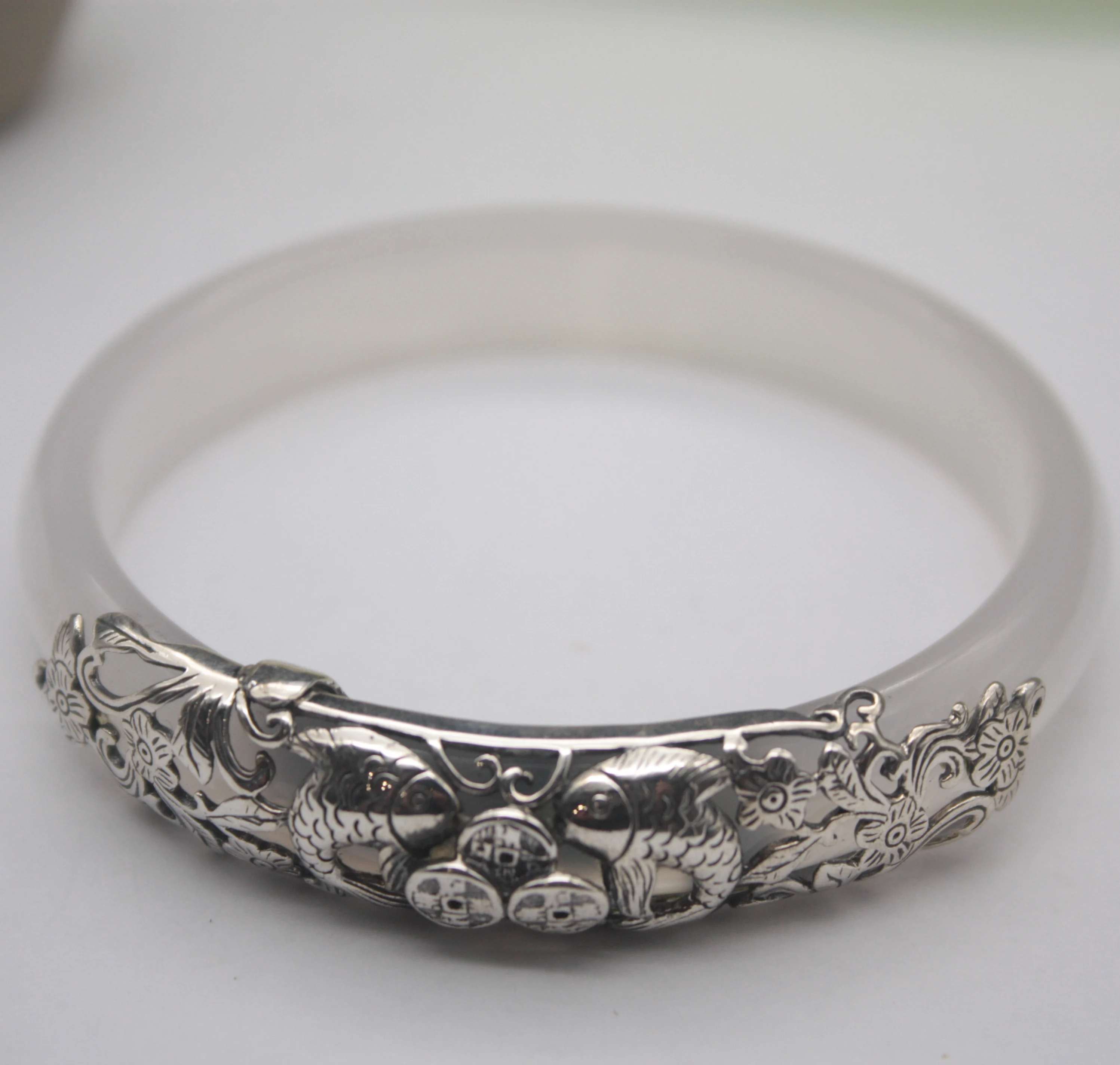 Elegant Real S925 Silver Bangle White Chalcedony 13mmW Women's Girl 58mmDia Bangle New Fashion Gift
