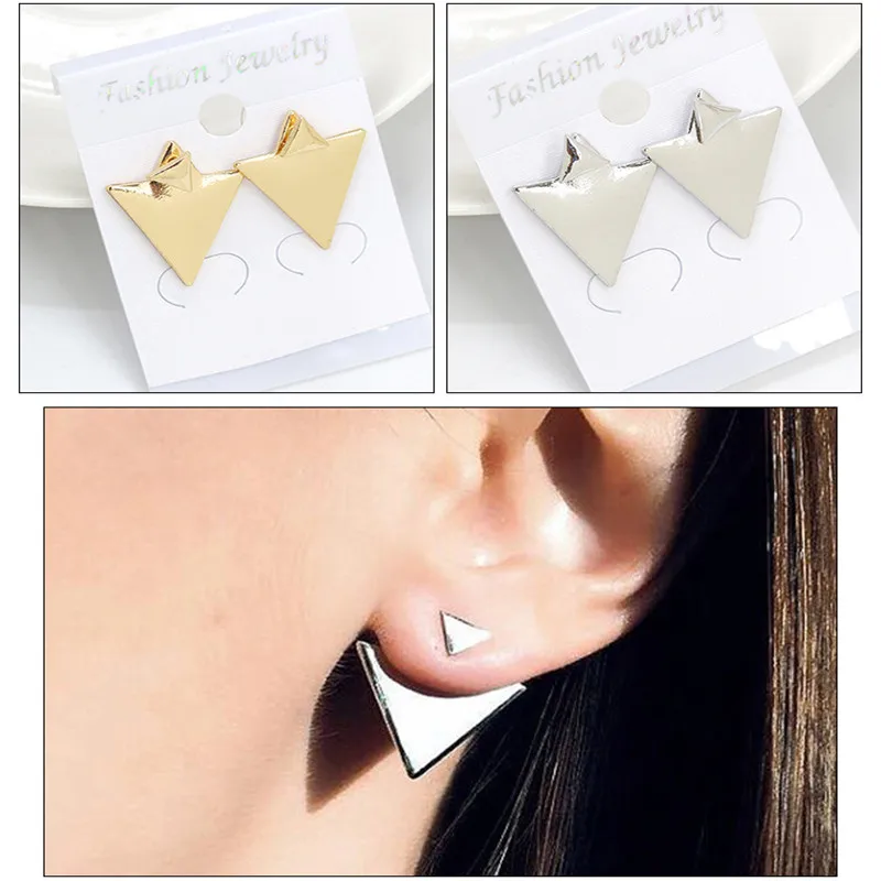 

New Double sided Triangle Studs Earring Dissymmetry Golden Silvery Alloy Earrings Gifts Women Drop Shipping