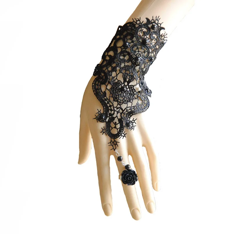 Свадебный браслет для женщин белая кружевная цепочка перчатки жгут Браслет, соединенный с кольцом на пальце с цветочным шармом винтажные готические украшения