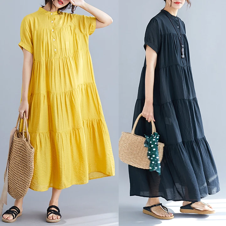 

#0486 Yellow Black Stand Collar Button Front Shirt Dress Women Short Sleeves Pleated Midi Dress Female Cotton Loose Oversize