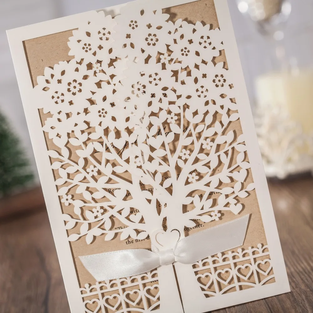 100PCS Ivory Laser Cut Wedding Invitations Cards with Tree and Bowknot