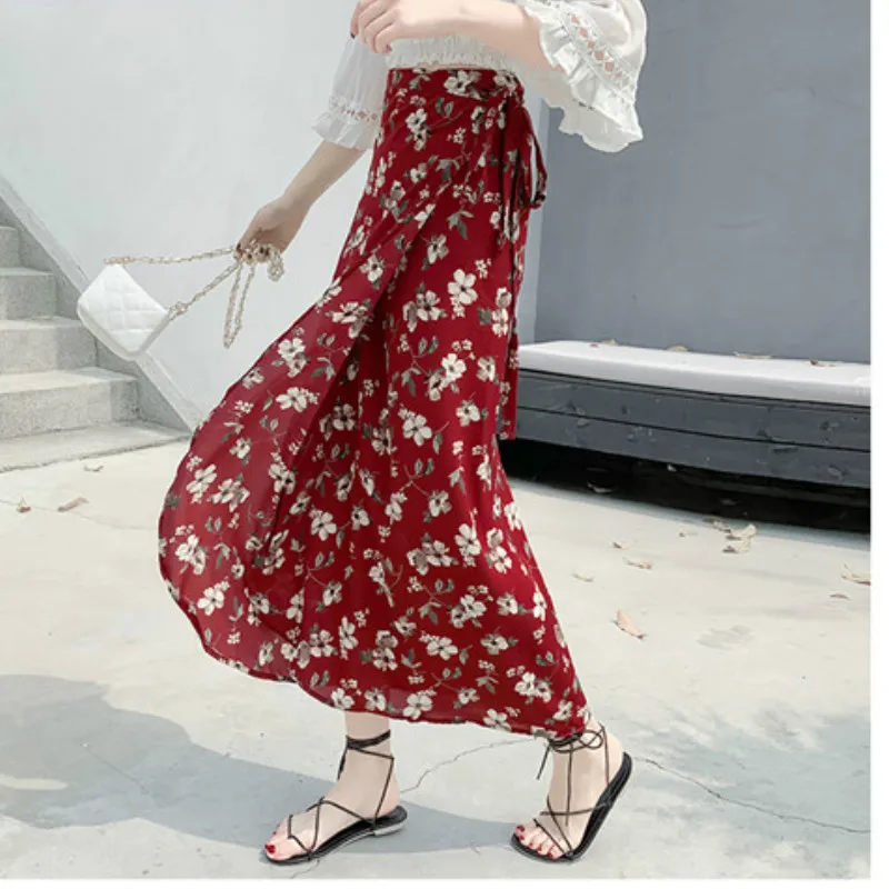 

Summer Vintage elegant Lady Holiday Boho chiffon beach skirt women irregular floral print lace-up long skirt female maxi skirts