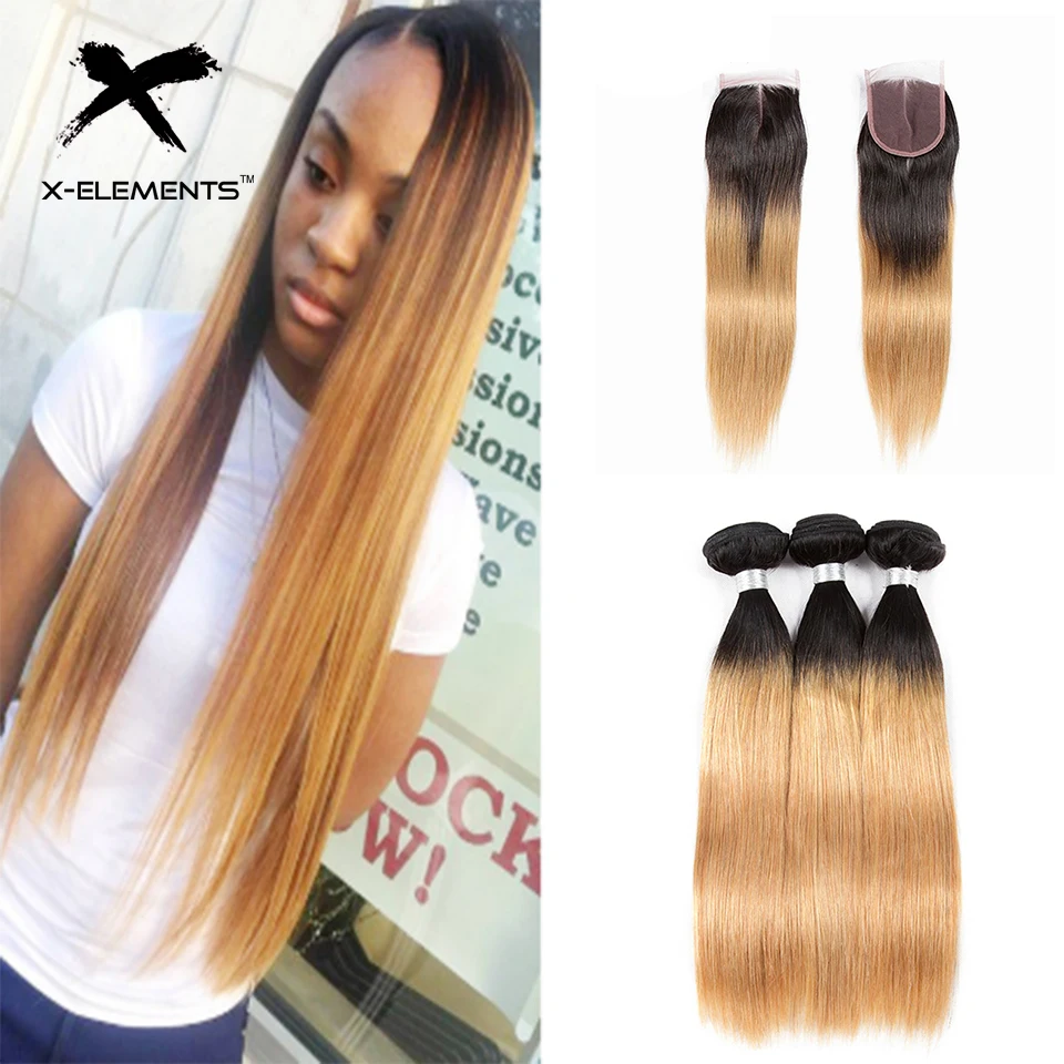 X-Element Brazilian Ombre Straight Hair Bundles With Closure T1B 27 Ombre Human Hair Weave With Closure 2 Tone Hair with Closure (16)