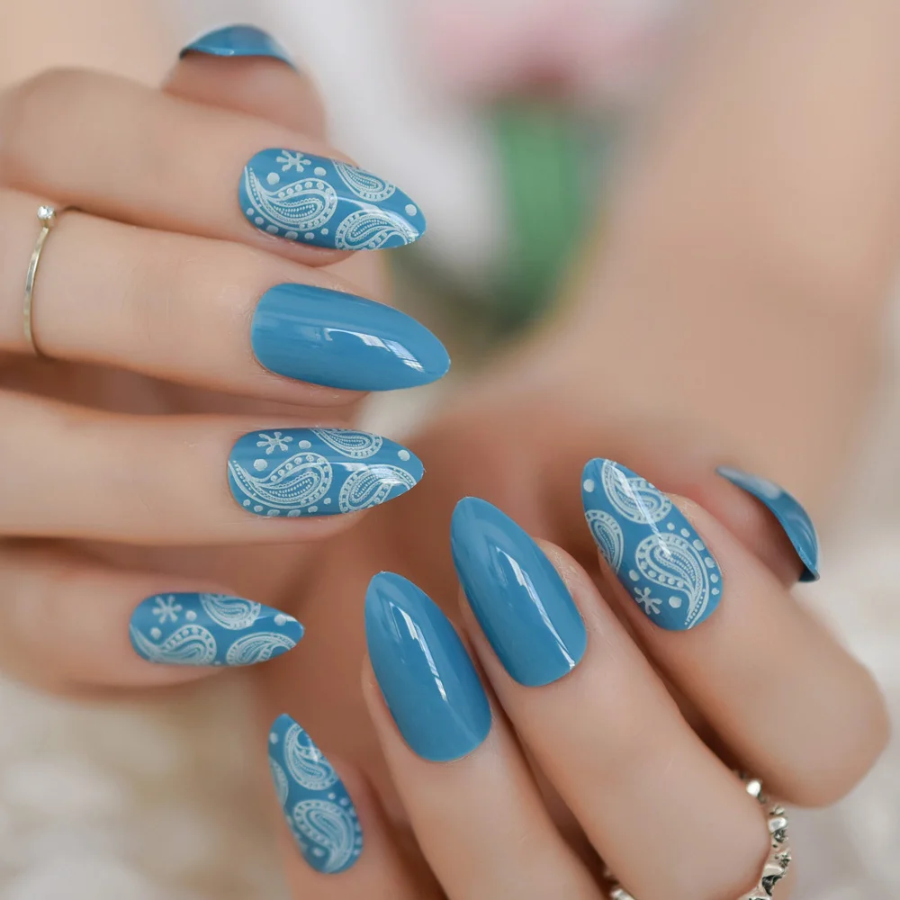 Овальные накладные ногти на шпильках, острые накладные ногти, голубые, белые, с шестигранным узором, блестящие синие блестки, предварительно дизайнерские накладные ногти для невесты, вечерние