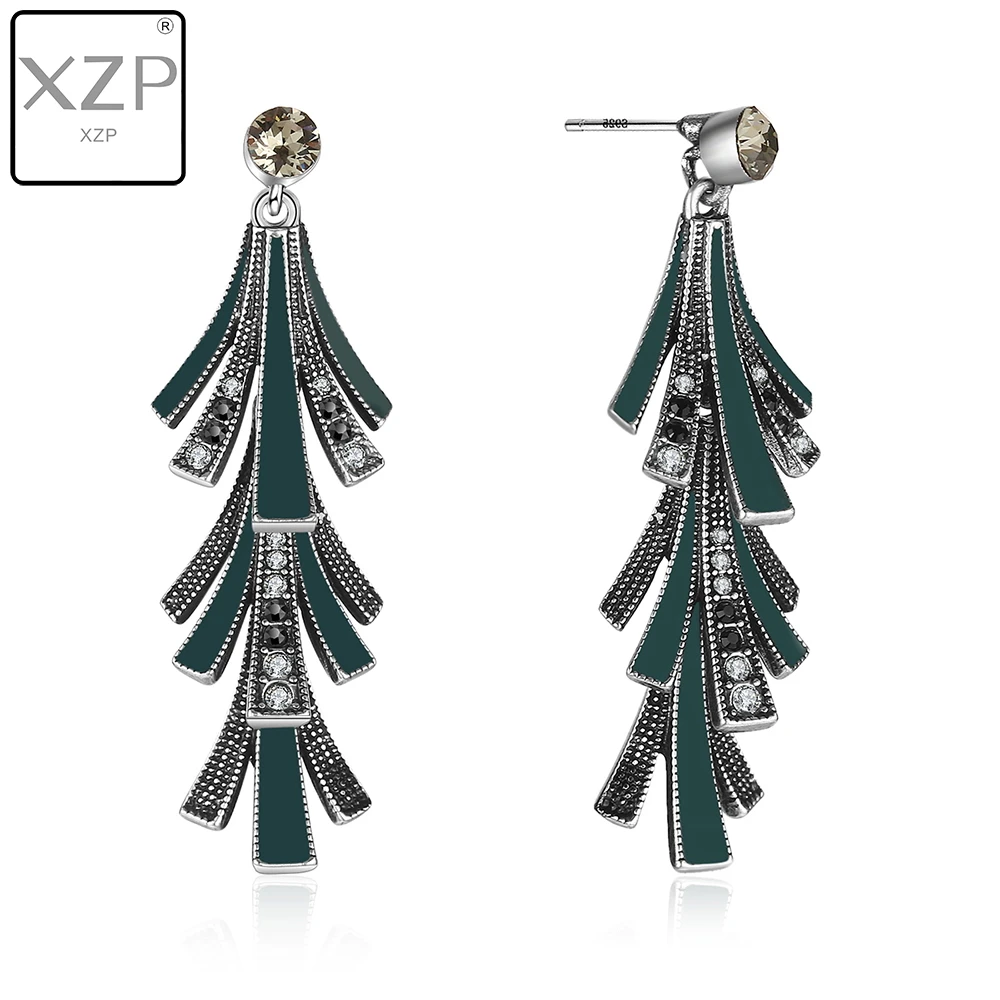 

XZP Elegant Dangle Earrings Fashion Women Earrings S925 Silver Jewelry Australian Rhinestone Paved Dark Blue Enamel Earrings