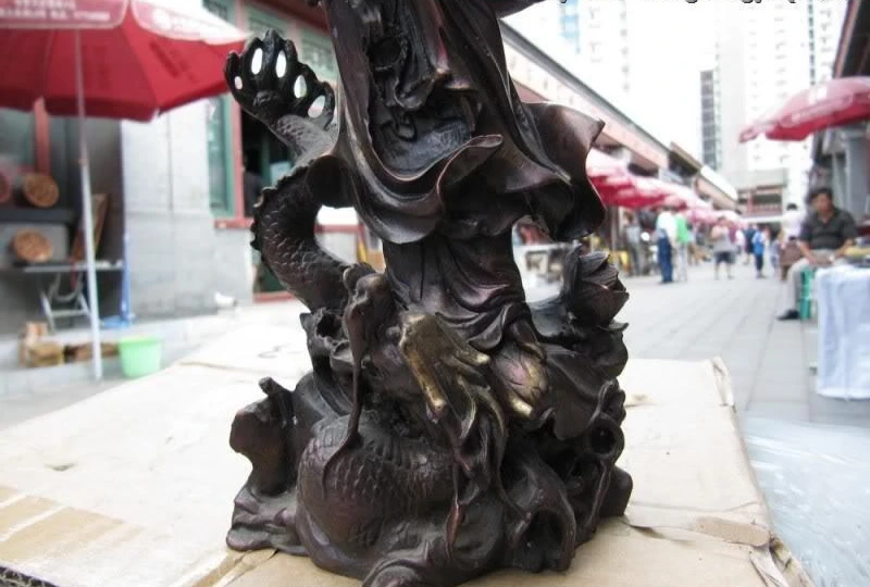 

China Red Bronze Copper Refined Kwan-Yin Guan Yin Ride on Dragon Statue