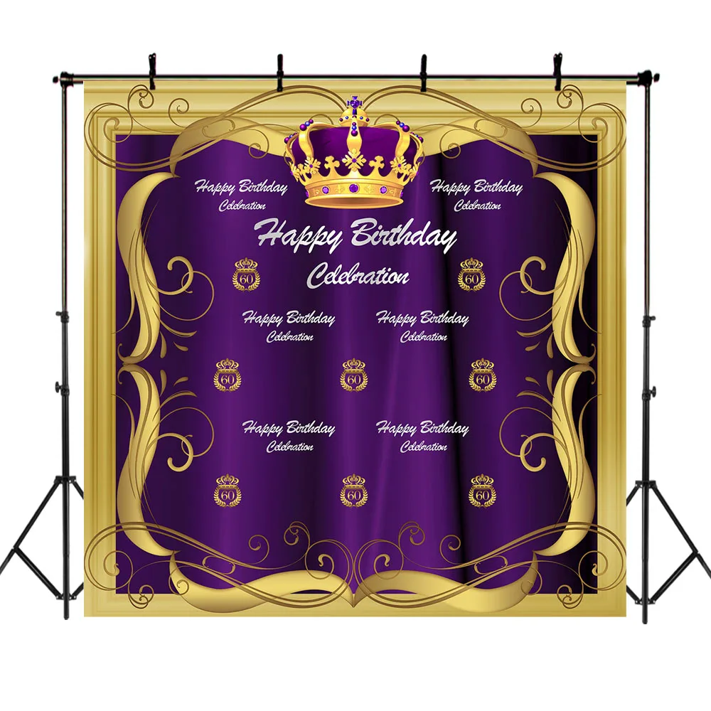 Happy Birthday 8x6.5ft Polyester Photography Background Luxurious Golden Royal Crown Art Design Flowers Decros Corner Black Backdrops Birthday Party Banner Studio Photo Props 
