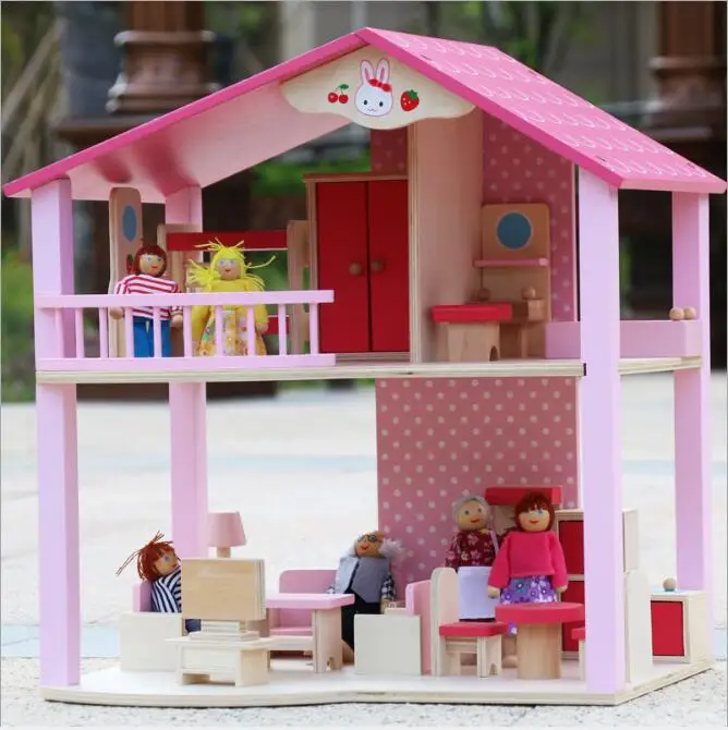 Pink Dollhouse Toy House DIY Doll Villa with Real Life Furniture for Pretend Play - Perfect Birthday Ceremony Toy for Kids image 2