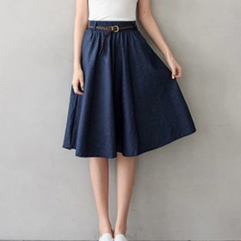 

Women High Waist Denim Skirts Vintage A-Line Midi Skirt Loose Pleated Big Swing Casual Skirt Saias Faldas Free Belt
