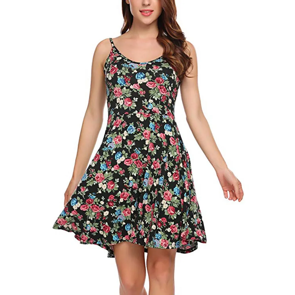 

Dress 2019Top Women Lady's Summer Sexy O-Neck Flower Printed Spaghetti Strap Mini Dress