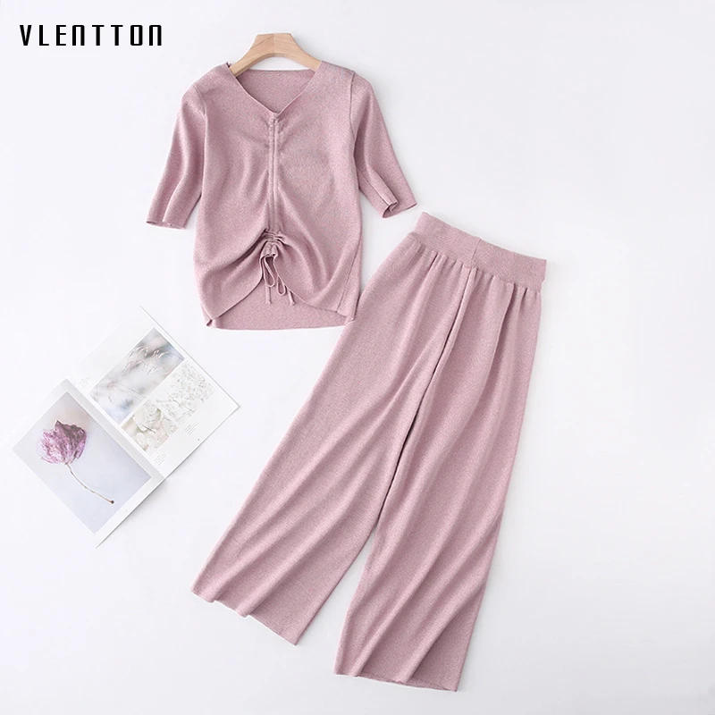 

2019 New Fashion 2 Piece Set Women Drawstring 5 colors V-Neck Knit Tops+Wide Leg Pants Suit Spring summer Casual Pink Sets Women