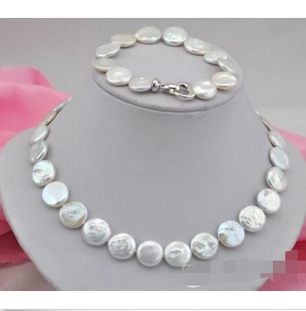 

17"15mm coin white freshwater pearl necklace 8" bracelet ^^^@^Noble style Natural Fine jewe SHIPPING new -Bride jewelry free shi