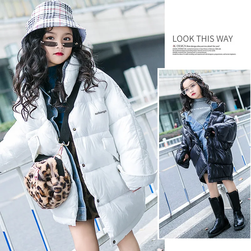 

Girl's padded denim color fashion long feather cotton-padded jacket