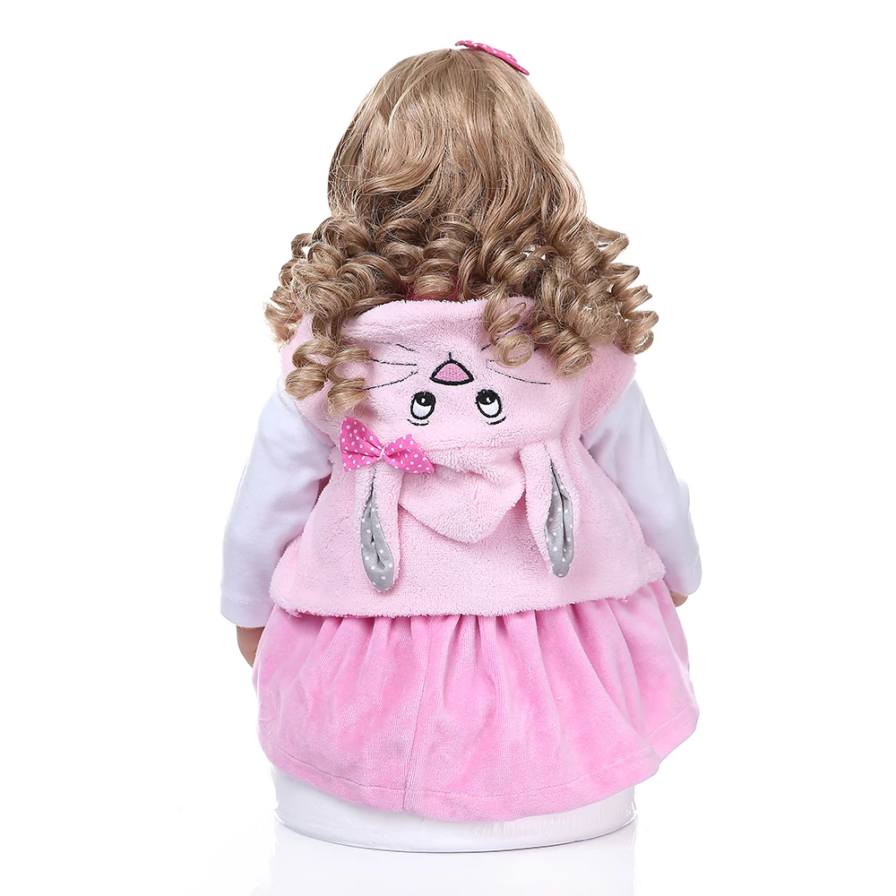 NPK60CM Реалистичная силиконовая кукла для новорожденного малыша с длинными вьющимися светлыми волосами в розовом платье кролика кукла игрушка Рождественский подарок