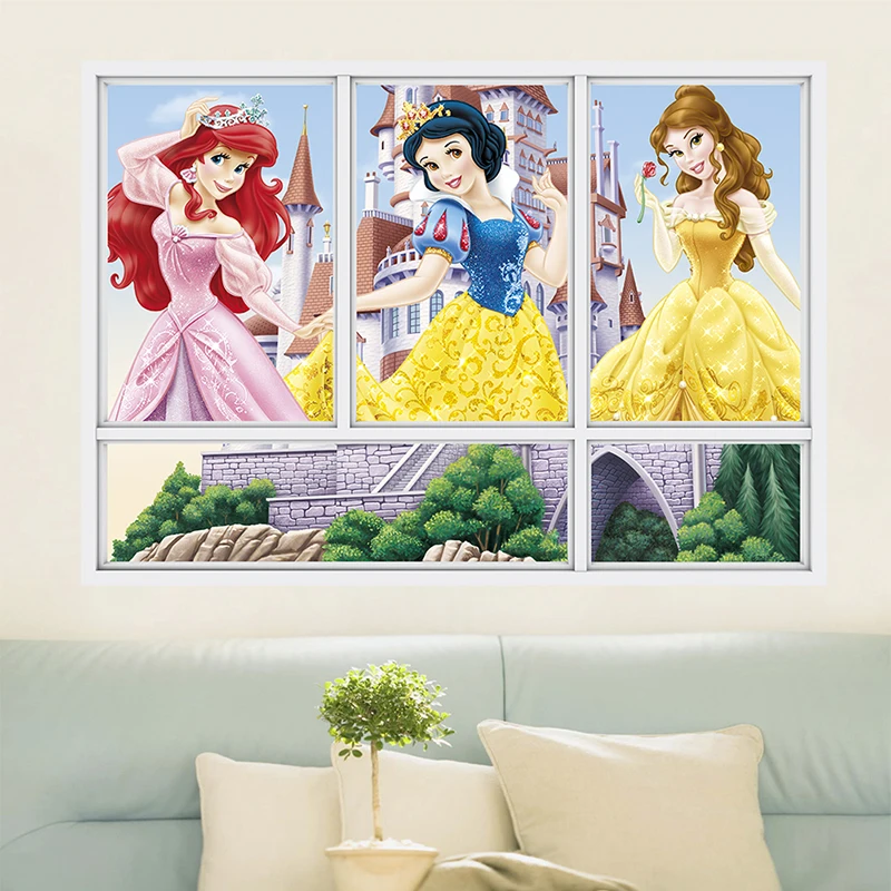 Disney Cartoon Snow White Princess 3D Window Wall Stickers For Home Decor Kids Rooms PVC Decoration Mural Art adesivo de parede