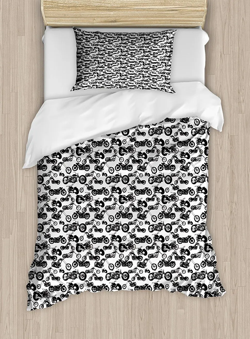 

Motorcycle Duvet Cover Set, Retro Chopper Pattern Monochrome Motorbike Design Adventure Cruising Theme 4 Piece Bedding Set