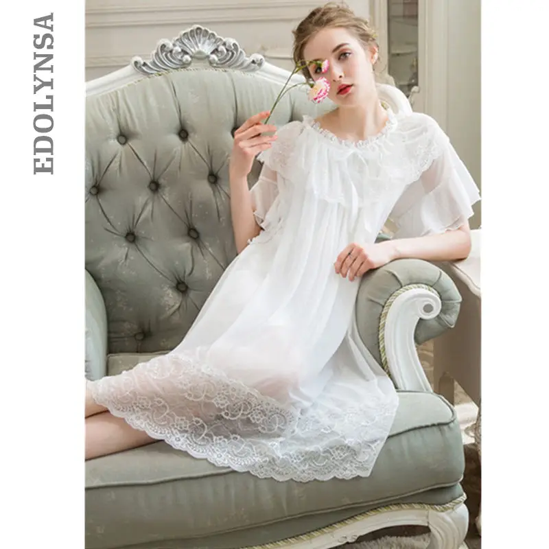 

Vintage Court Style Sleep Lounge Ruffle Bow Light Purple Night Gown Summer Autumn Sleepwear Nightshirt Cute Indoor Clothes T160